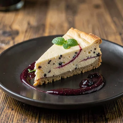 Hand-cut wedge of vanilla bean cheesecake on a dark plate with a swirl of dark b