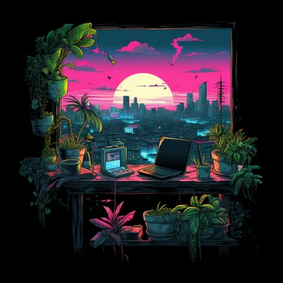 Black T-shirt print WFH setup viewed higher angle dis