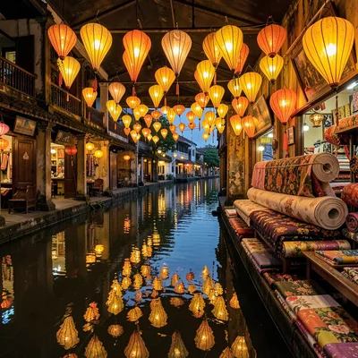Hoi An lantern glow, silk amber on water, tailor shop interior lit by dozens of 