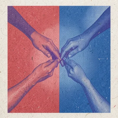 Two hands reaching toward each other in red and blue riso, the overlap creating 