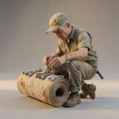 A mechanic-scavenger sits on heels arranging hand-shaped wrenches on a bone-tan