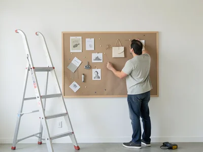 Teacher arranging bulletin board with new decorations, ladder, staple gun