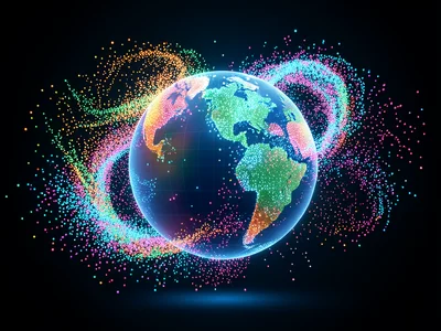 A particle flow visualization: thousands of dots flowing like wind currents arou