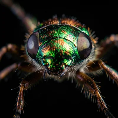 A jewel beetle showing metallic green and copper elytra, compound eyes reflectin