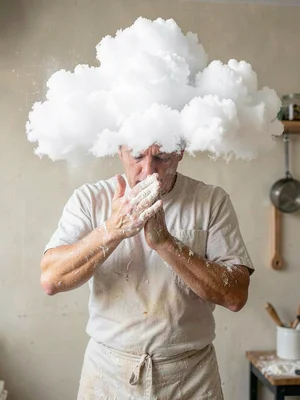 Baker clapping flour-covered hands, white cloud frozen in perfect expansion