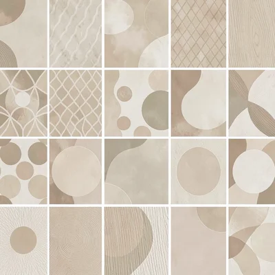 A dense 4x4 microgrid of sixteen abstract pattern variations in a restrained war