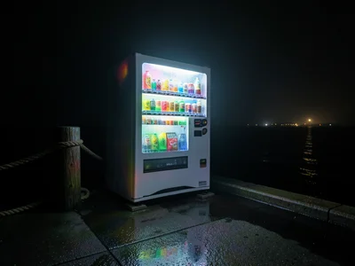 A drink machine on a ferry terminal pier, ocean fog rolling past and diffusing t