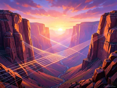 Guitar strings stretching across canyon, sunset light making them glow, wide ang