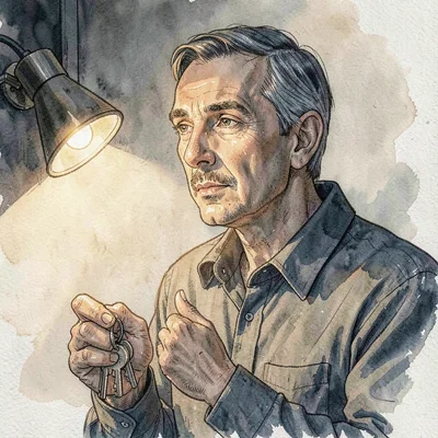 Three-quarter portrait of a renter holding keys, soft directional lamp from came