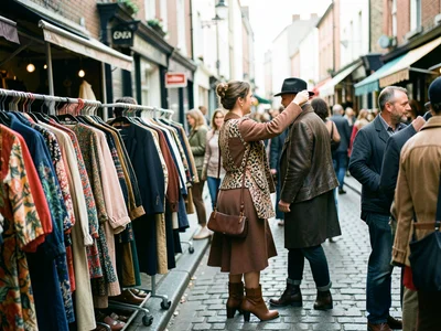 Market scene with a stylish person browsing vintage clothing racks, eclectic out
