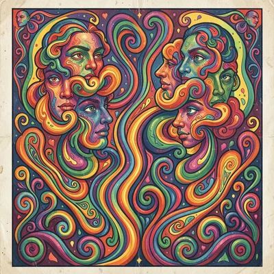 Psychedelic poster illustration, clouds forming faces and organic shapes , vibra