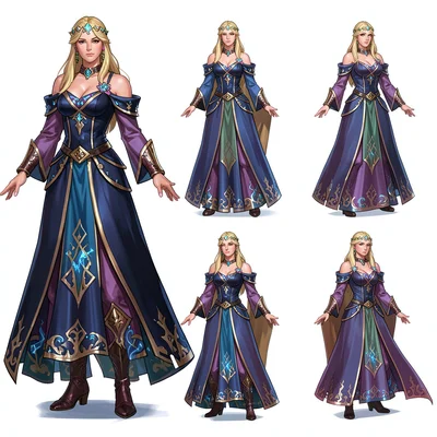 Video game concept art illustration, a sorceress character design, multiple cost
