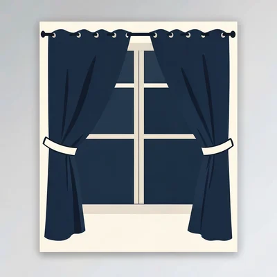 Bold blockcolor og card of a window with curtains tied back in flat planes, navy