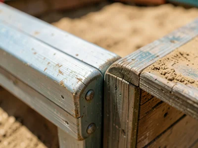 A sandbox edge, the wooden timbers silver with weather, the corners rounded by d