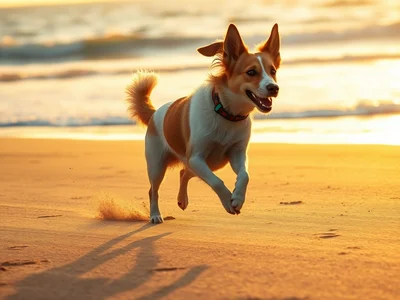 Candid photography, realistic photo of a dog running on a sandy beach at golden hour, mid-stride with ears flapping and 