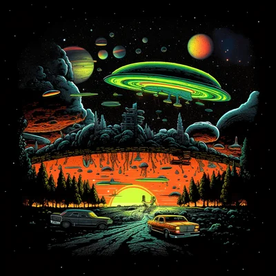 Black t-shirt print detail packed UFOs in drive at Mc