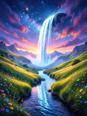 River flowing uphill into the sky, becoming a waterfall of stars, meadow banks