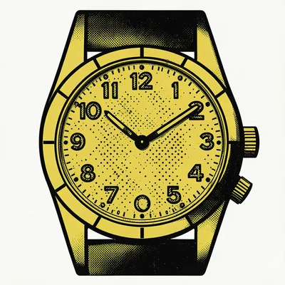 Wristwatch close-up — flat yellow gold, bold outlined numerals replaced by dots