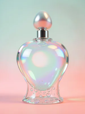 Glossy translucent perfume flask with a pearlescent cap suspended over a coral-m