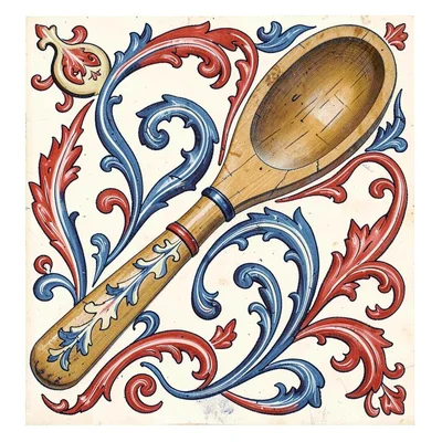 Scandinavian rosemaling illustration, a traditional wooden spoon with painted ha