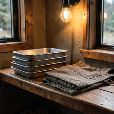 Stacked tackle trays and a folded canvas vest on a cabin bench, deep umber tones