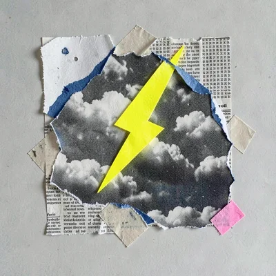 Cut-paper collage of a torn weather-map fragment with halftone clouds and a sing