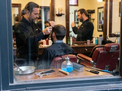 A barber mid-haircut viewed through the barbershop window from outside, the warm