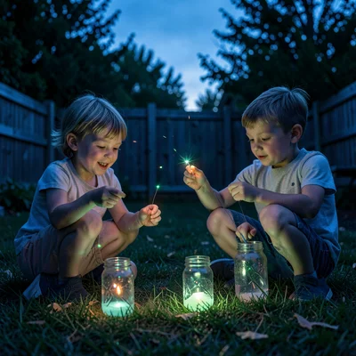 Children catching fireflies in a backyard during blue hour, mason jars glowing, 