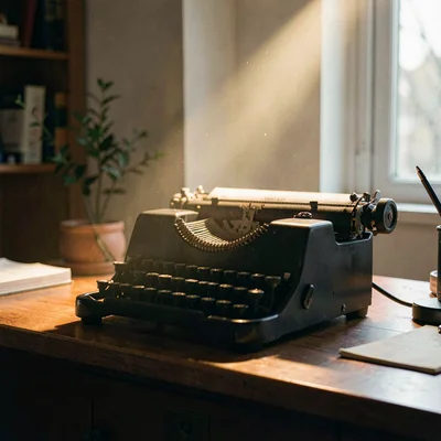 Slow-light photograph of a single typewriter glowing in a pool of light on a wri