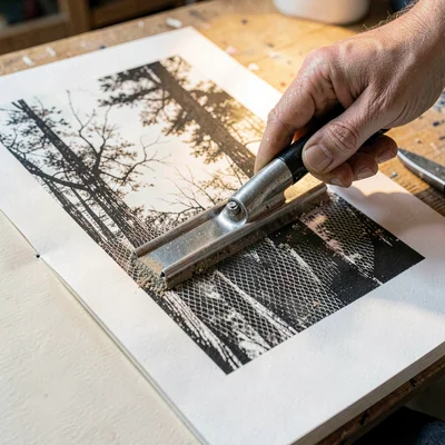Screenprint inside spread of a hand pulling a squeegee across an exposed mesh, w