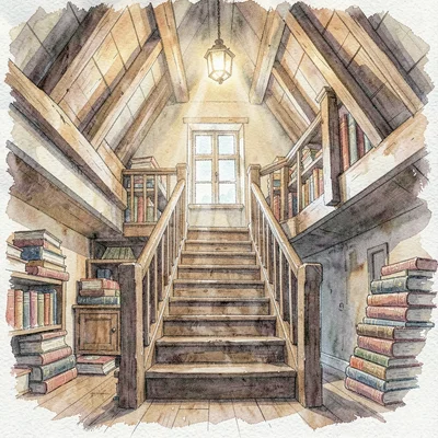 Watercolor of a circular staircase climbing past stacks of books to an attic lof