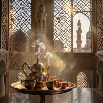 Islamic Cairo geometry, medieval city light, brass coffee pot and small cups on 