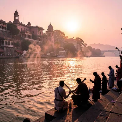 Varanasi ghat dawn, Ganges pink-gold light, musician playing at water edge, inst