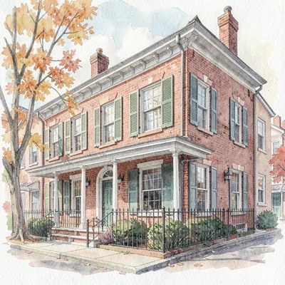 federal-style brick rowhouse with original shutters and wrought-iron railing, au