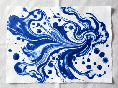 Marbled paper in single blue tone, only ultramarine on white showing the pattern