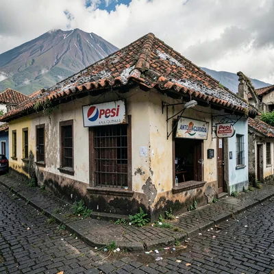 Volcano-framed colonial streets of Antigua Guatemala, A corner tienda with weath