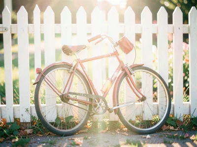 Vintage bicycle leaning against a white picket fence