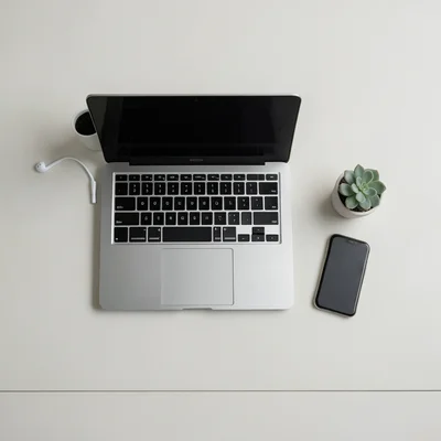 Overhead shot of a tidy desk with laptop, smartphone, earbuds, and a small succu