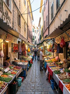 Market stalls layered in narrow alley