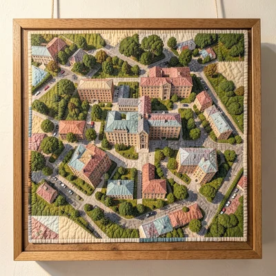 Quilted textile interpretation of university campus from above, fabric buildings