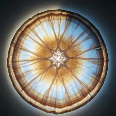Thunder egg slice with star-shaped agate center, radiating banding patterns from