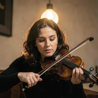Soft lamp-line portrait of a violinist tucked into the curve of her violin, warm