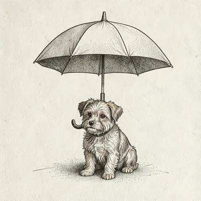 Hand-drawn pen-ink scene of an umbrella over a small dog, scratchy line, sepia w