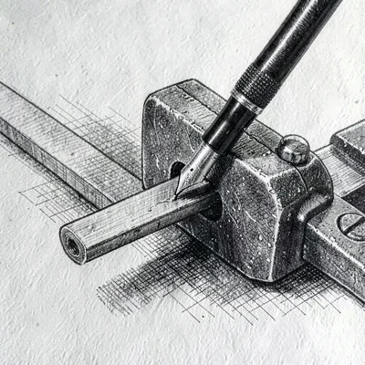 Tight pen-ink drawing of a barrel vise gripping a length of steel, cross-hatch s