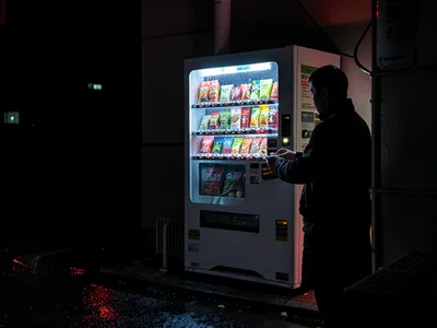 Person counting coins by vending machine light, not quite enough, the budget sna