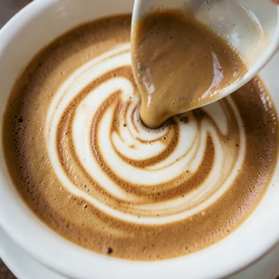 Coffee cream just after pour, swirling fractal patterns not yet mixed, overhead 