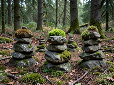 Six stone cairns each topped with differently colored moss, woodland setting