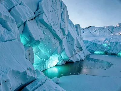 Compressed ancient ice glowing cyan