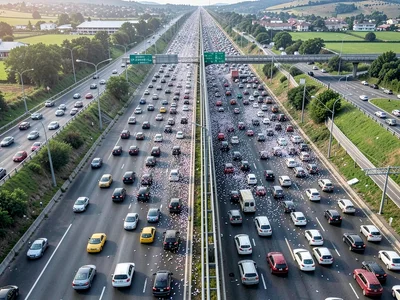 Highway overhead with vehicles dense as particles
