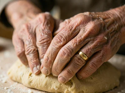 Gnarled hands kneading bread dough, knuckles enlarged with age, a thin gold wedd